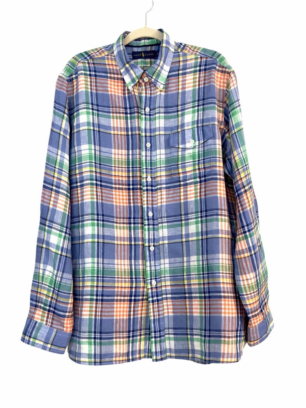 Ralph Lauren Plaid Shirt Size Large Linen Long Sleeve Button Down Summer Casual
